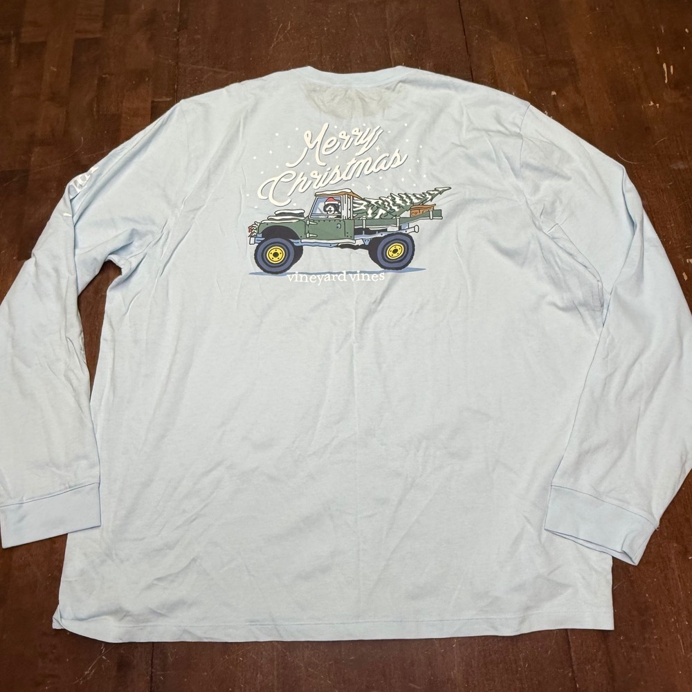 Vineyard Vines T-Shirt Mens XXL Blue Christmas Truck Long Sleeve Pocket Tee